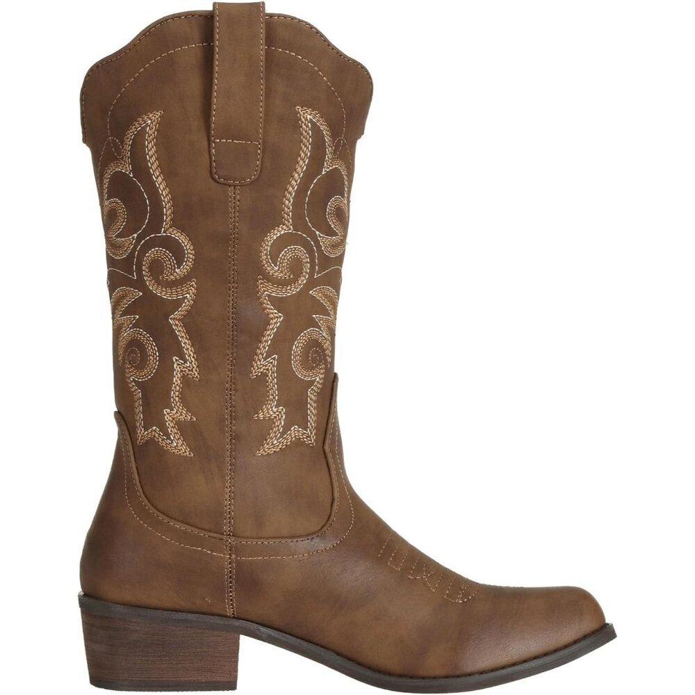 Woman's Distressed Brown Pu leather Cowgirl Mid Wide Calf Western Fashion Boots - Picture 3 of 8